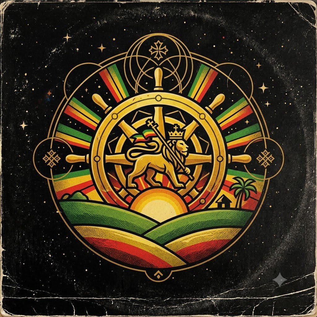 Zion Cluster cover art: a golden Lion of Judah striding across a rasta-banded ship helm over green hills