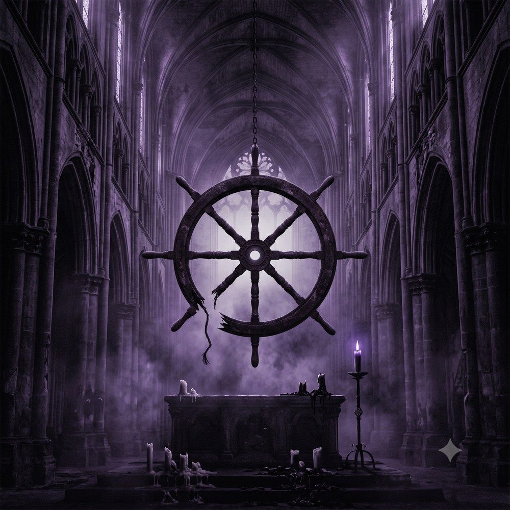 Missa Nigra cover: a broken ship's wheel hanging in a ruined cathedral, lit cold violet