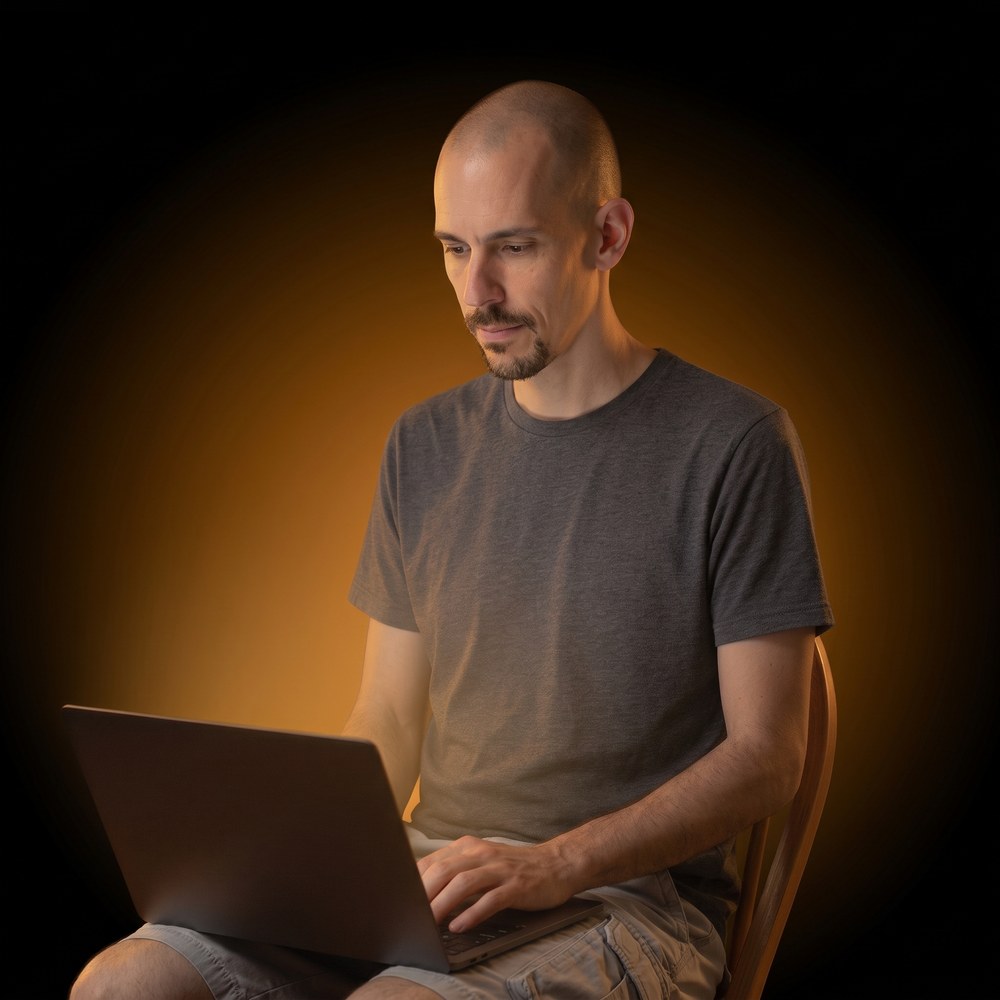 vK working alone by laptop light, cover art for Rootless / Sudo Make Me a Sandwich